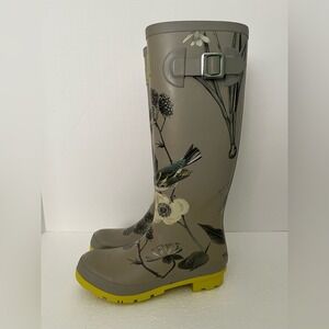 Joules Botanical Bird Print Tall Rain Boots | Yellow Sole Grey Wellies